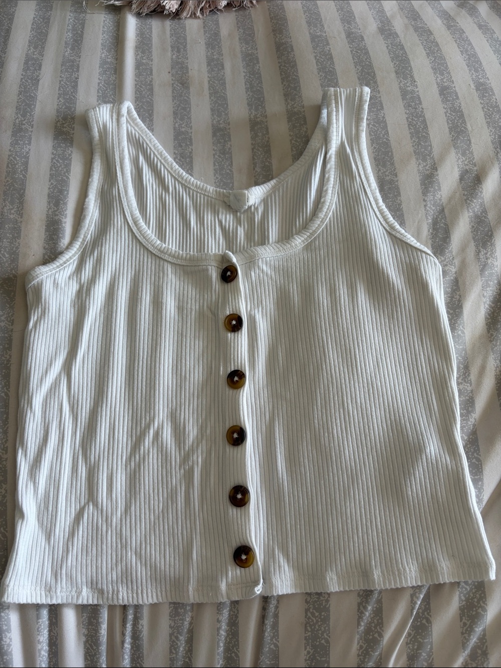 Garage White Ribbed Tank with Tortoiseshell Buttons